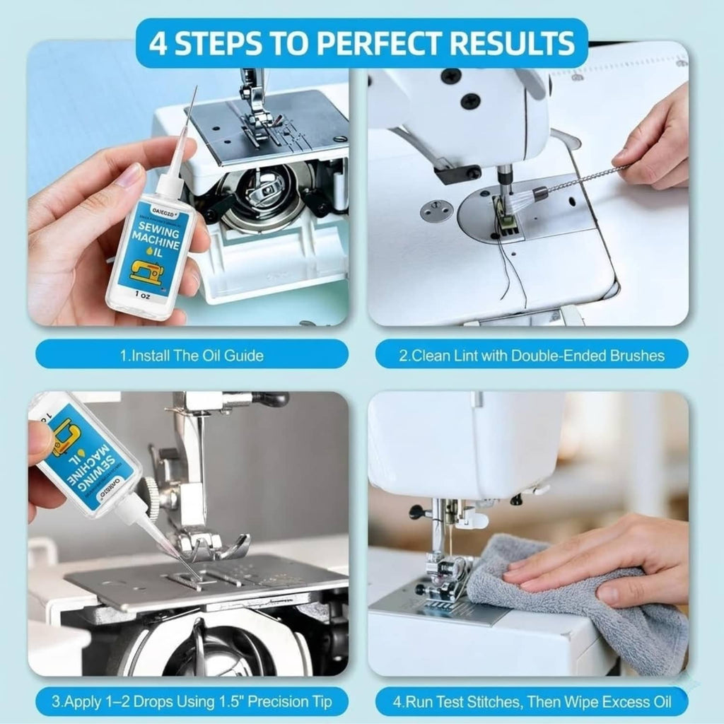 Sewing machine oil kit with step instructions and precision applicator tip