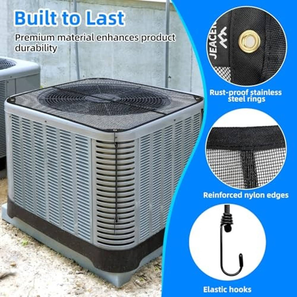 Outdoor AC unit mesh cover with reinforced nylon edges and elastic attachment hooks