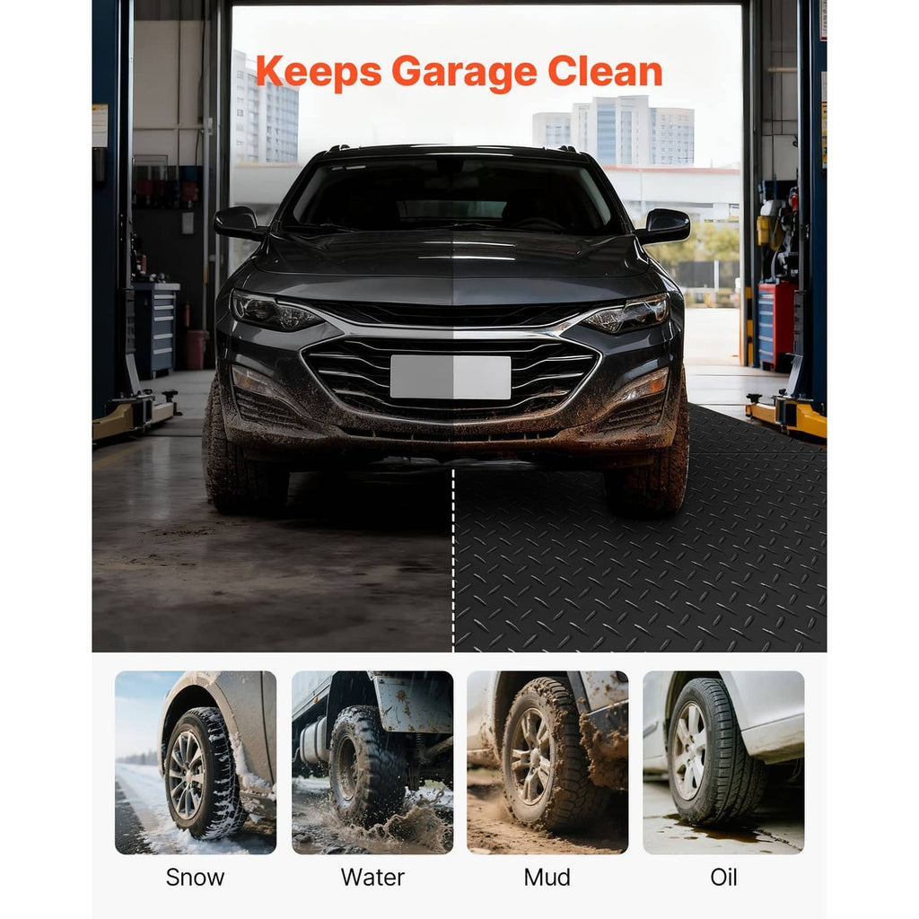 Black diamond-pattern rubber garage floor mat under a parked car, textured surface