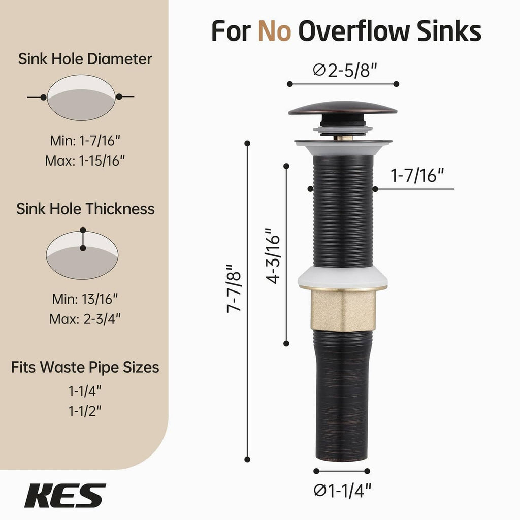 Oil-rubbed bronze pop-up sink drain with no-overflow strainer and tailpiece