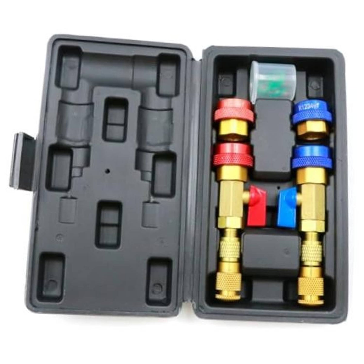 AC valve core tool kit with gray case and red/blue brass fittings and adapters