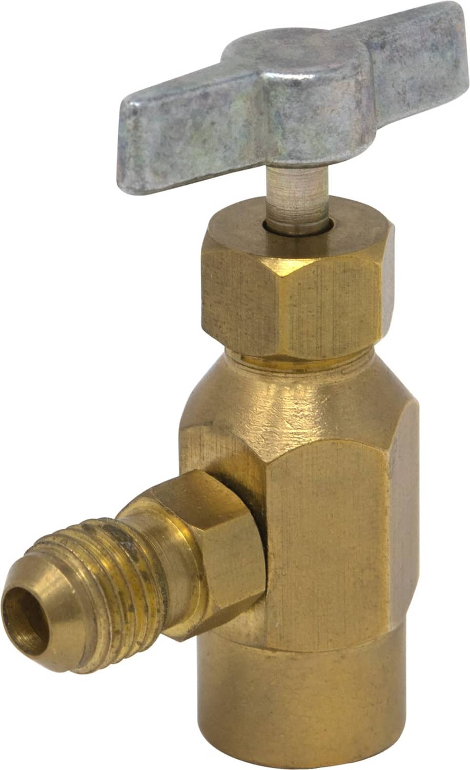 Brass K28 can tap adapter with T-handle valve, 7/16 female to 1/4 male