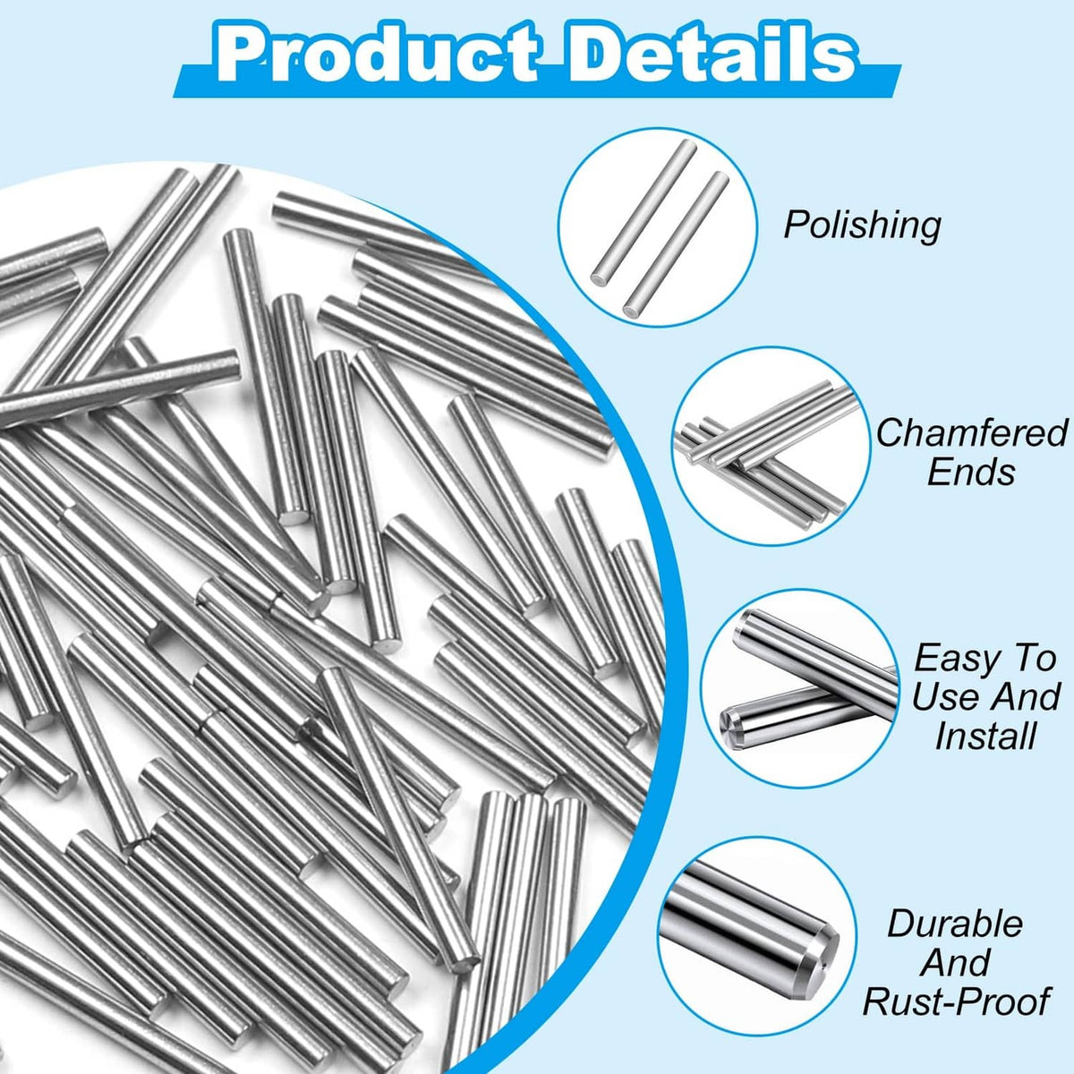 Stainless steel dowel pins with polished finish and chamfered ends for easy installation