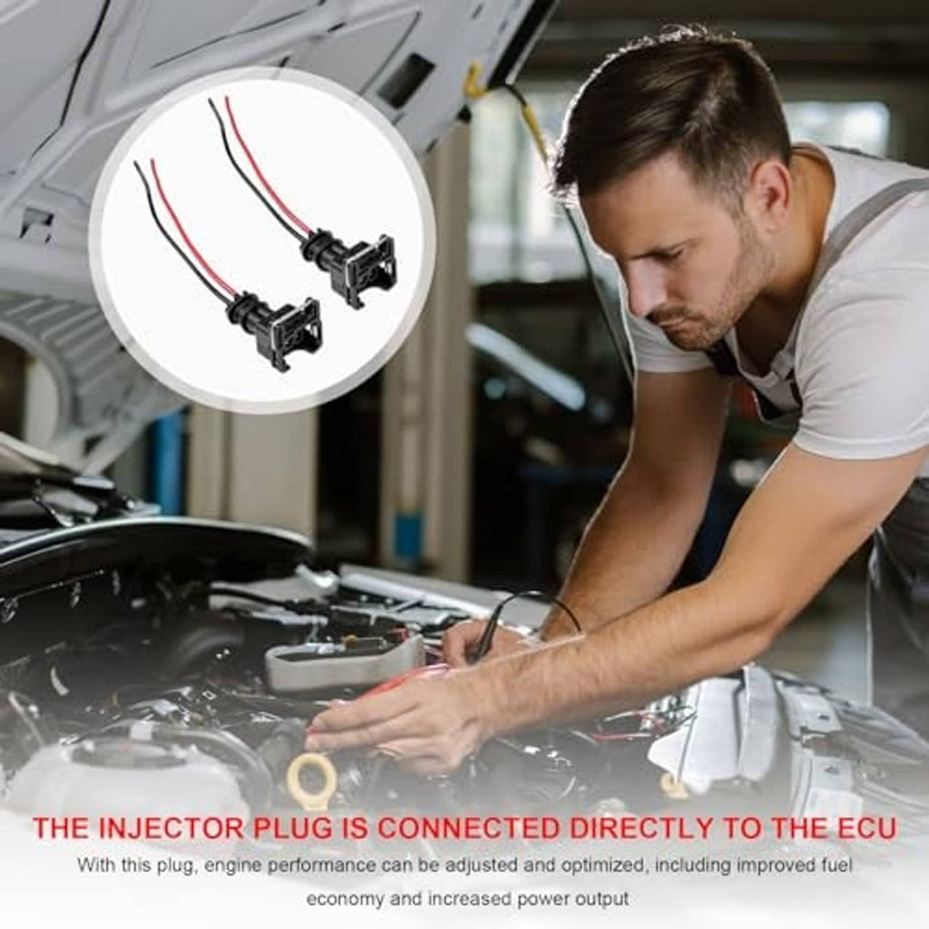 Fuel injector connector pigtail harness with black plug and red/black wire leads