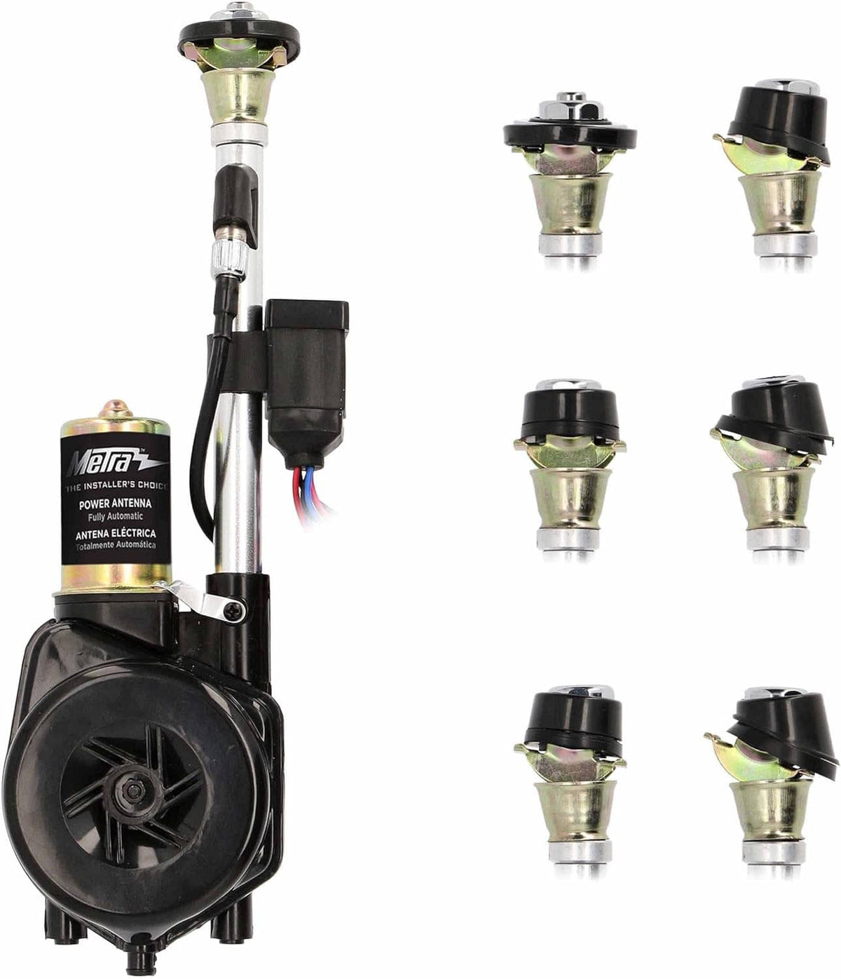 Metra motorized power antenna assembly with black control module and connector heads