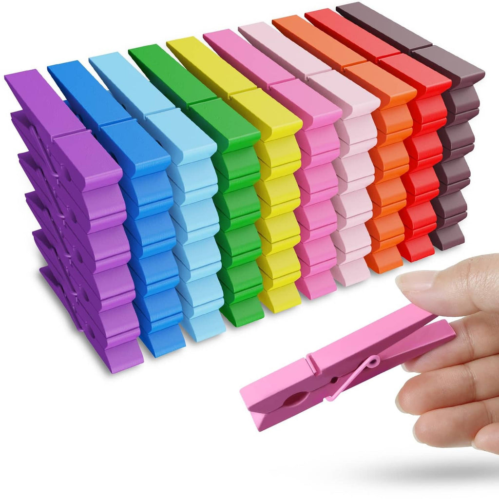 Multicolor wooden clothespin set, spring clips in purple, blue, green, yellow, pink