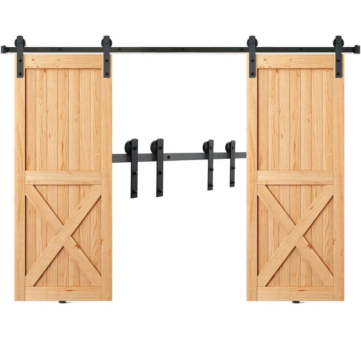 Double sliding barn door track hardware with black rail, brackets, and hangers