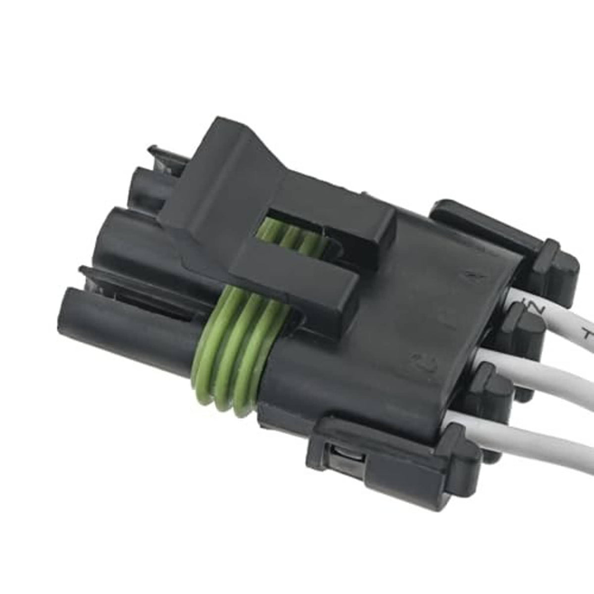 Three-pin pigtail wiring harness connector with locking housing and green strain relief