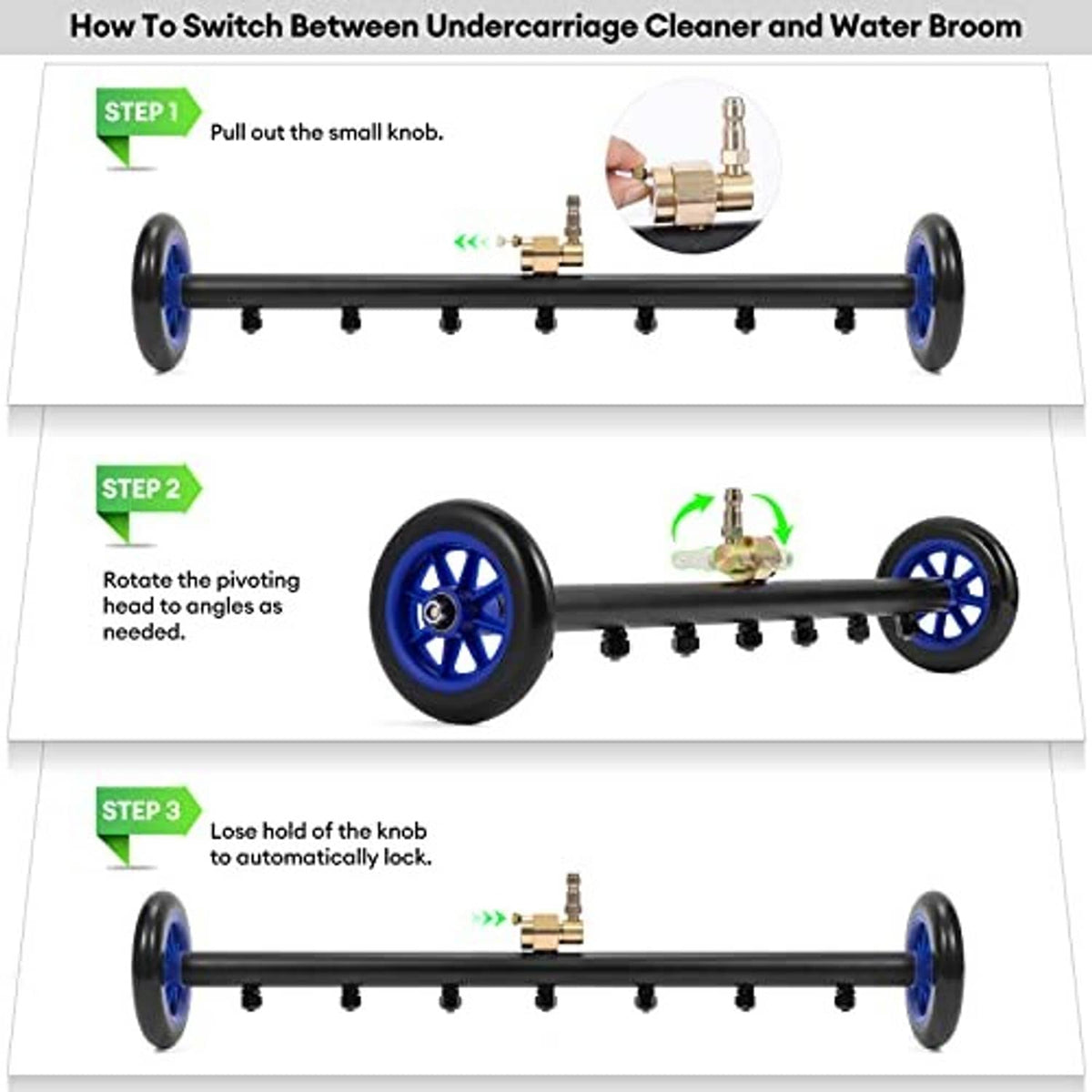 Pressure washer undercarriage cleaner showing pivot head knob and black bar with blue wheels