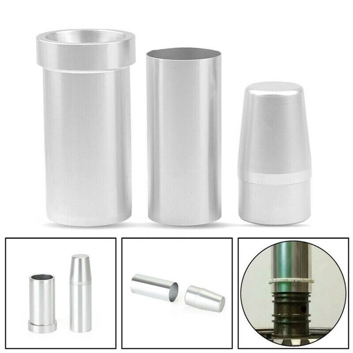 Teflon seal installer tool kit with three silver metal sizing sleeves