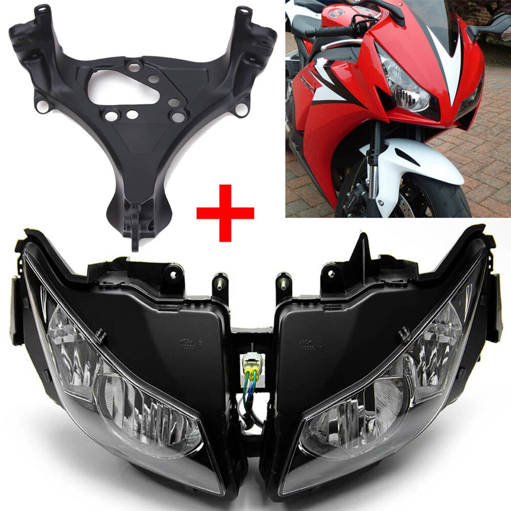 Black upper fairing stay bracket and headlight assembly with two clear-lens lamp housings