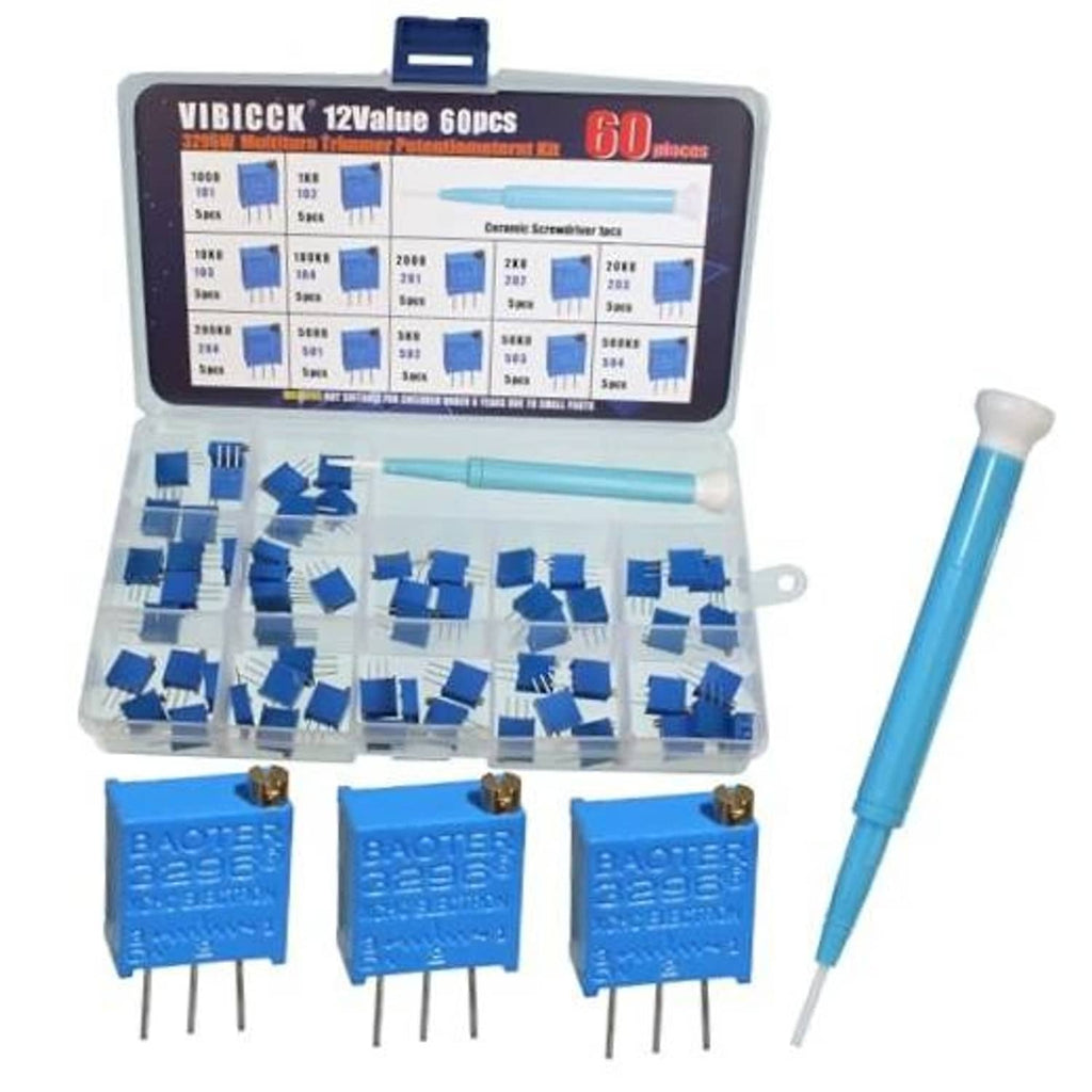 Multiturn trimmer potentiometer kit with blue potentiometers, parts organizer, and screwdriver