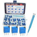 Multiturn trimmer potentiometer kit with blue potentiometers, parts organizer, and screwdriver