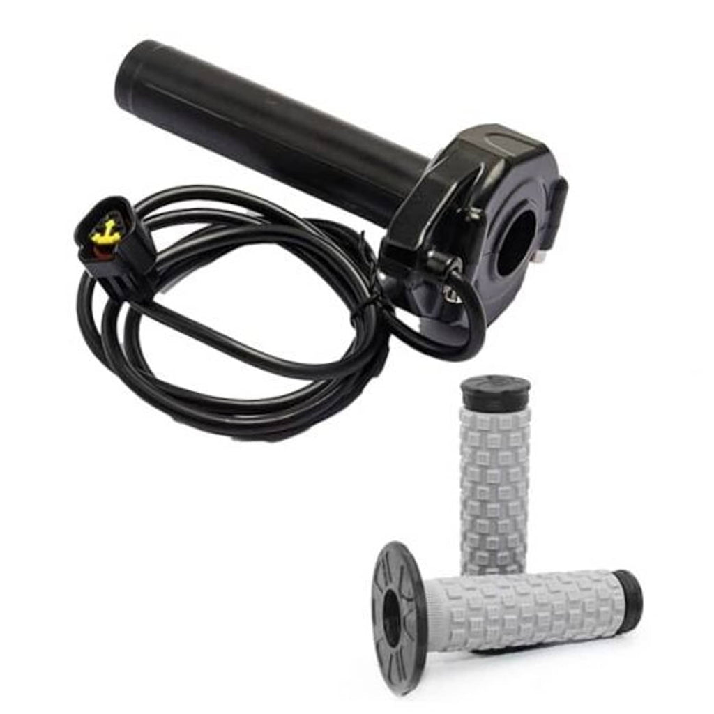 Twist throttle handle with black housing, gray textured grips, and cable set