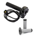 Twist throttle handle with black housing, gray textured grips, and cable set