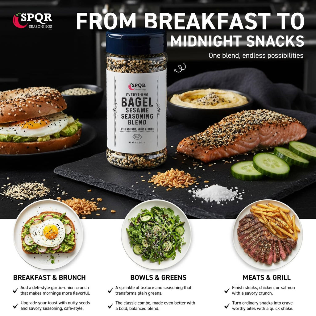 Everything bagel seasoning blend jar with blue cap on dark serving surface