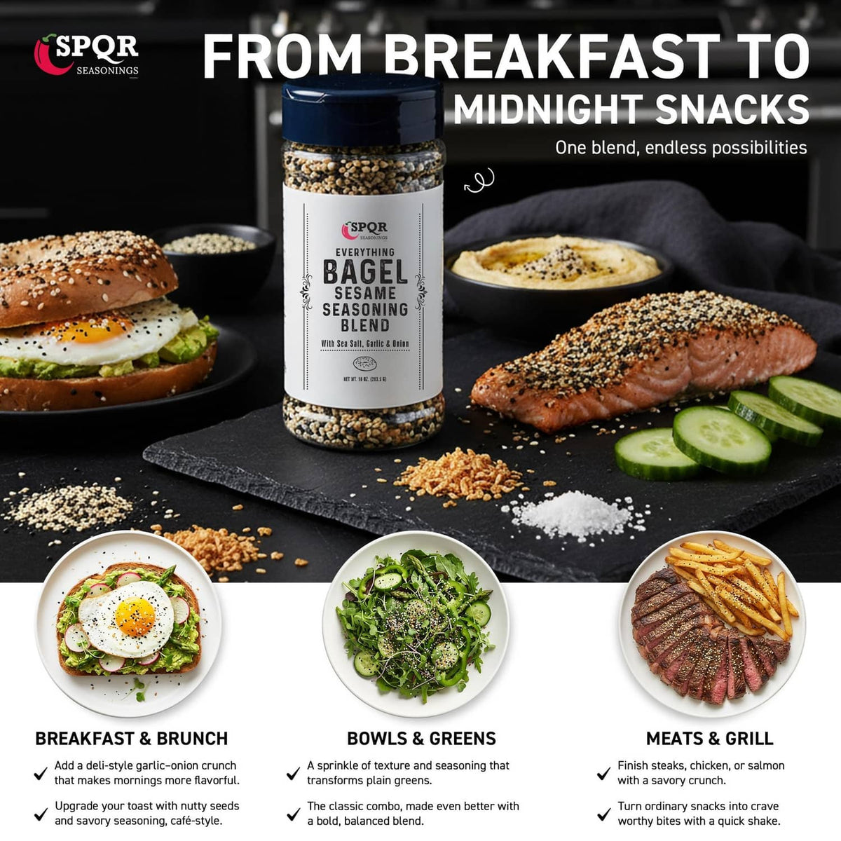 Everything bagel seasoning blend jar with blue cap on dark serving surface