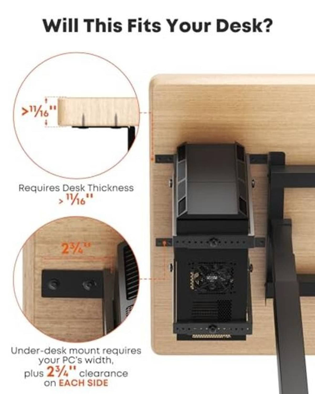 Under-desk PC mount fit diagram showing clearance and desk thickness limits