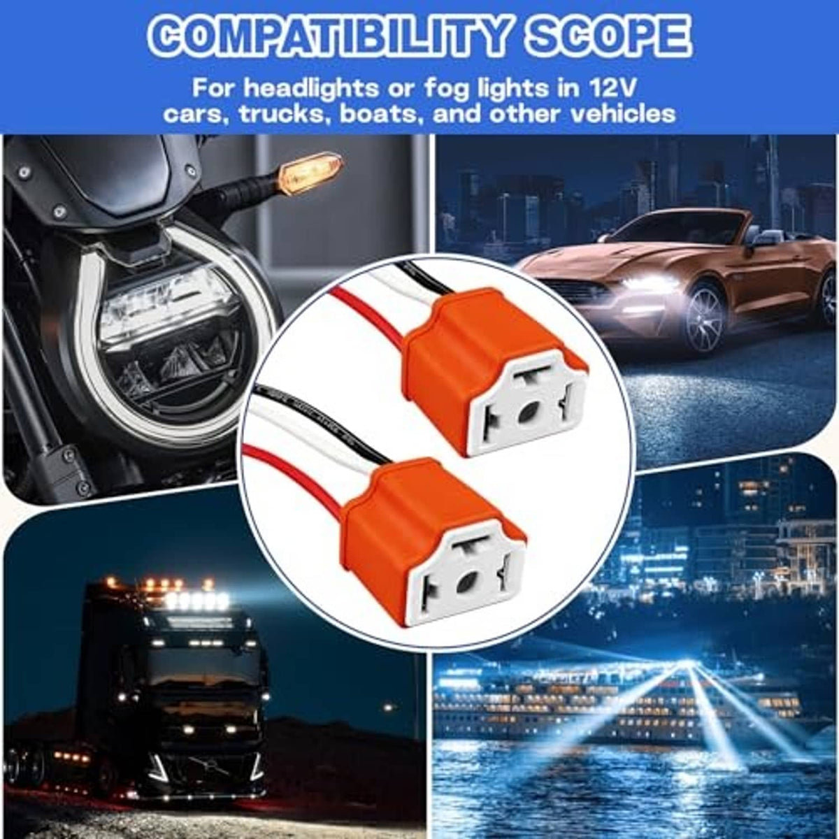 Orange ceramic headlight pigtail connectors with white sockets and red/black wire harness