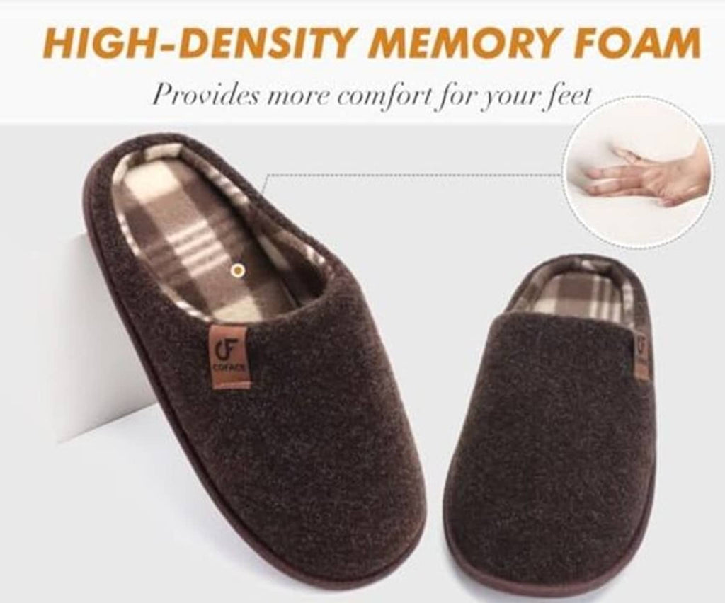 Pair of dark brown memory-foam scuff slippers with plaid-lined openings