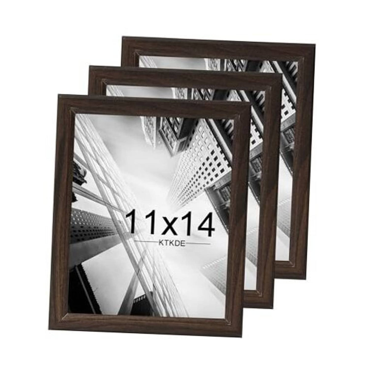 Set of 3 walnut woodgrain picture frames, overlapping, 11x14 size, dark brown finish
