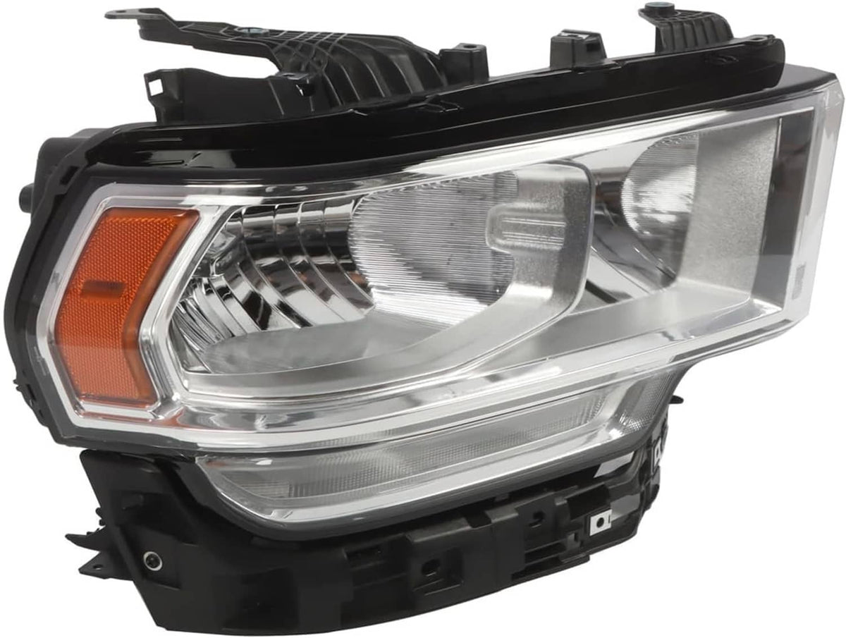 Right halogen chrome headlight assembly, close-up with orange side marker