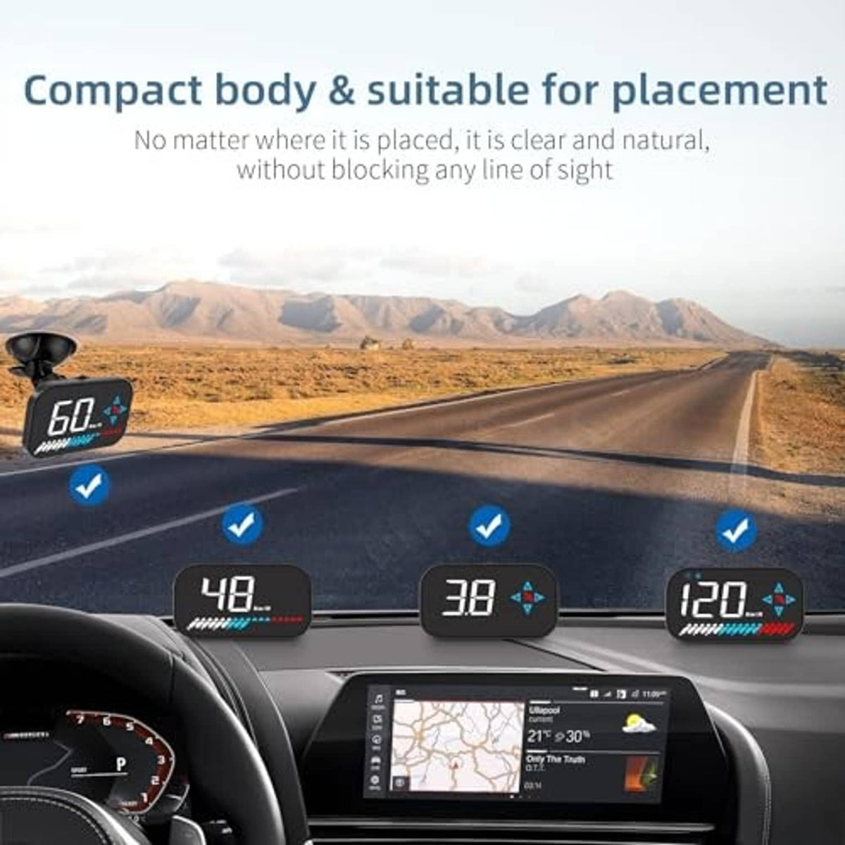 Black compact HUD speedometer showing 60 km/h with blue and red progress bars