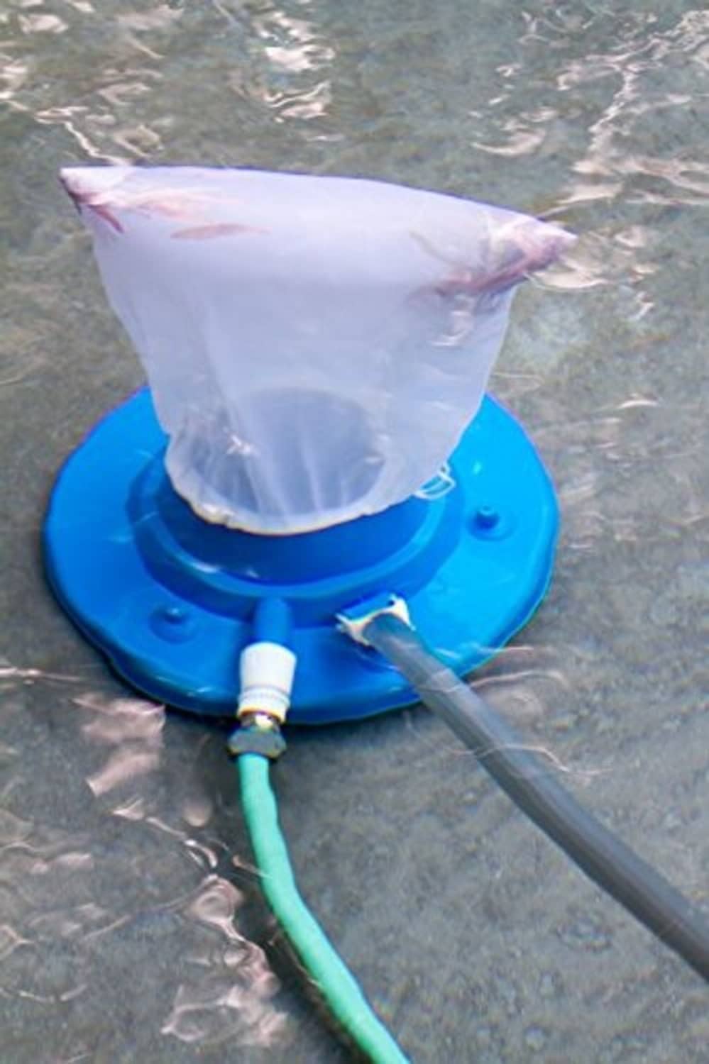 Blue pool leaf vacuum head with white net bag and attached hose in water