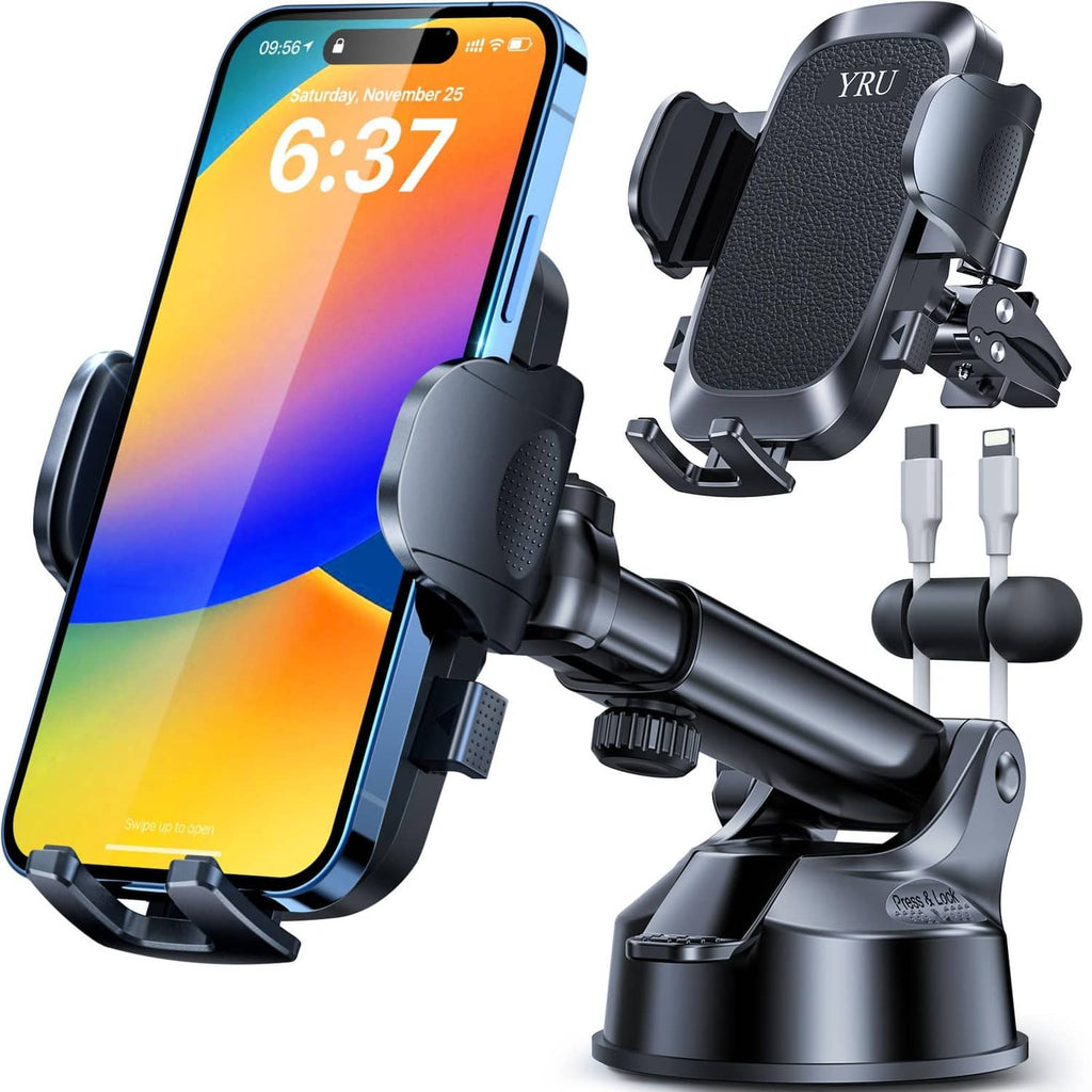 Black YRU car phone holder mount with textured grip and adjustable clamp arms