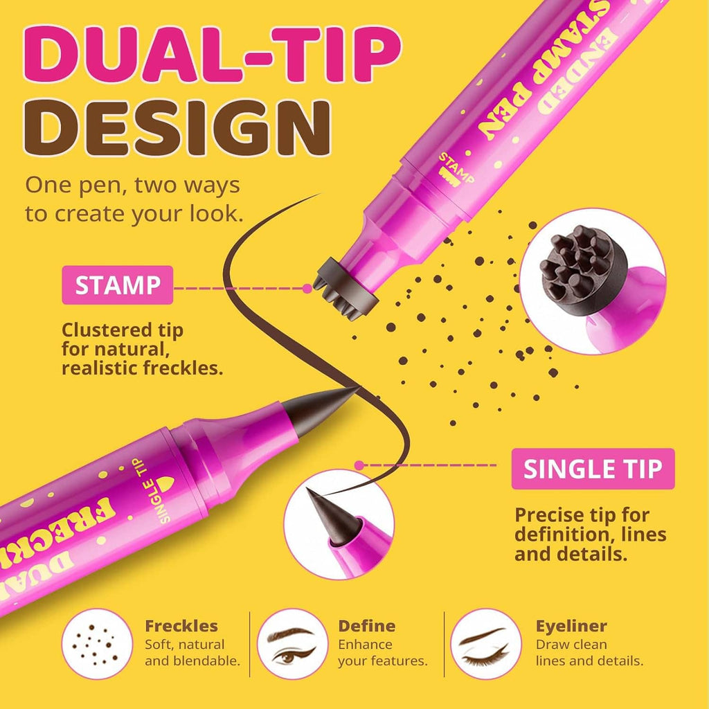 Dual-tip freckle stamp pen design with clustered sponge stamp tip and single precision tip