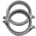 Braided stainless washing machine hoses, coiled 6 ft, silver with straight metal connectors.