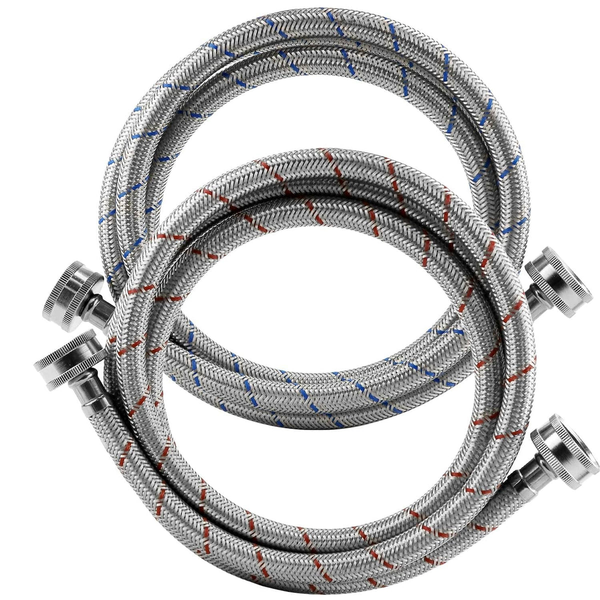 Braided stainless washing machine hoses, coiled 6 ft, silver with straight metal connectors.