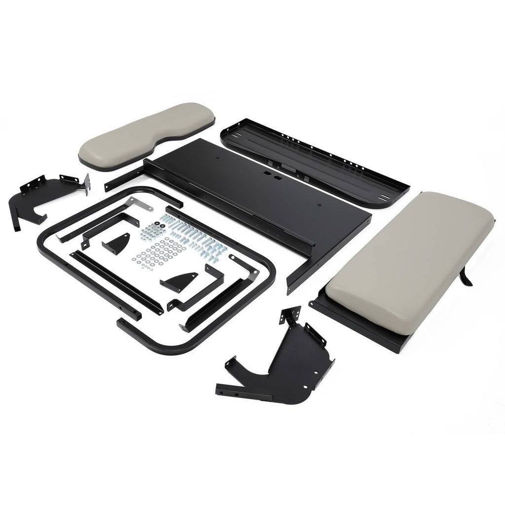 Rear flip seat kit parts with gray cushions, black base, and mounting frame