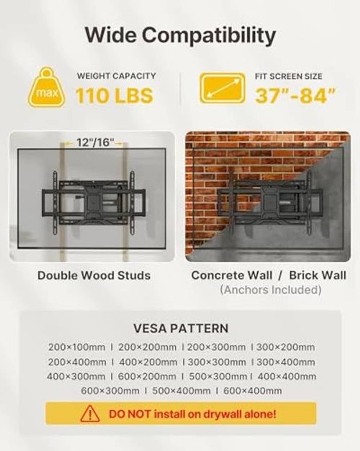 TV wall mount compatibility info showing supported screen size range and VESA patterns