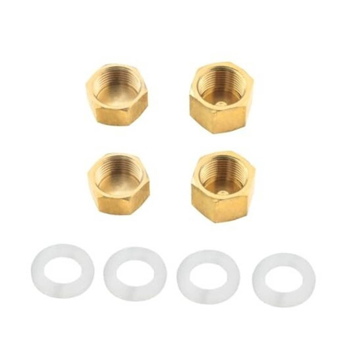 Brass hex pipe plug caps with rubber washers, four-piece set, 3/8 in NPT