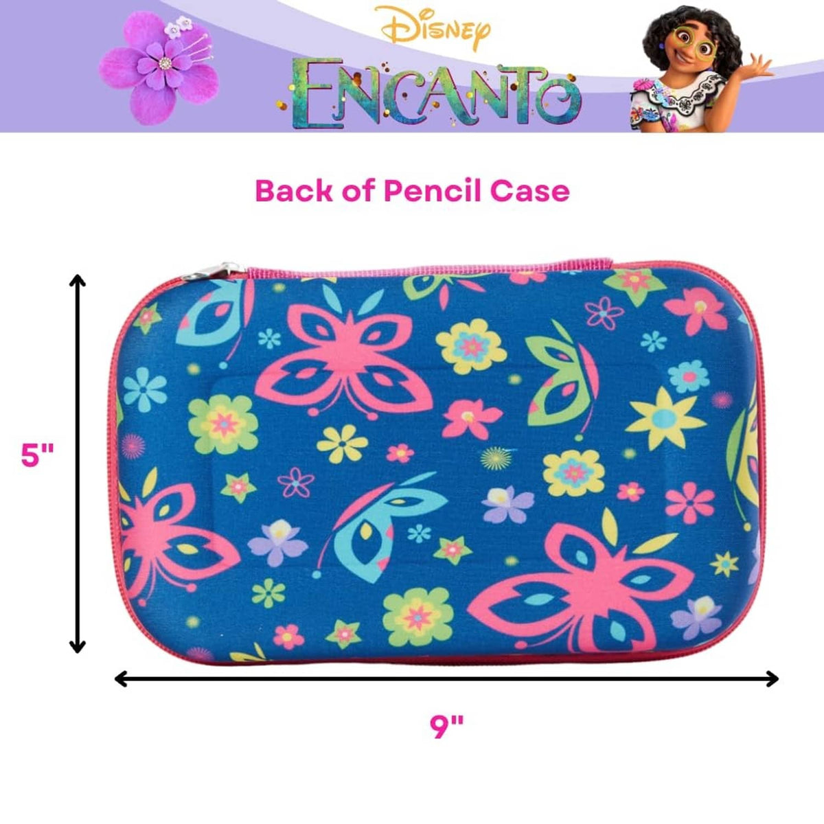 Back of zip pencil case with blue base and multicolor floral butterfly pattern