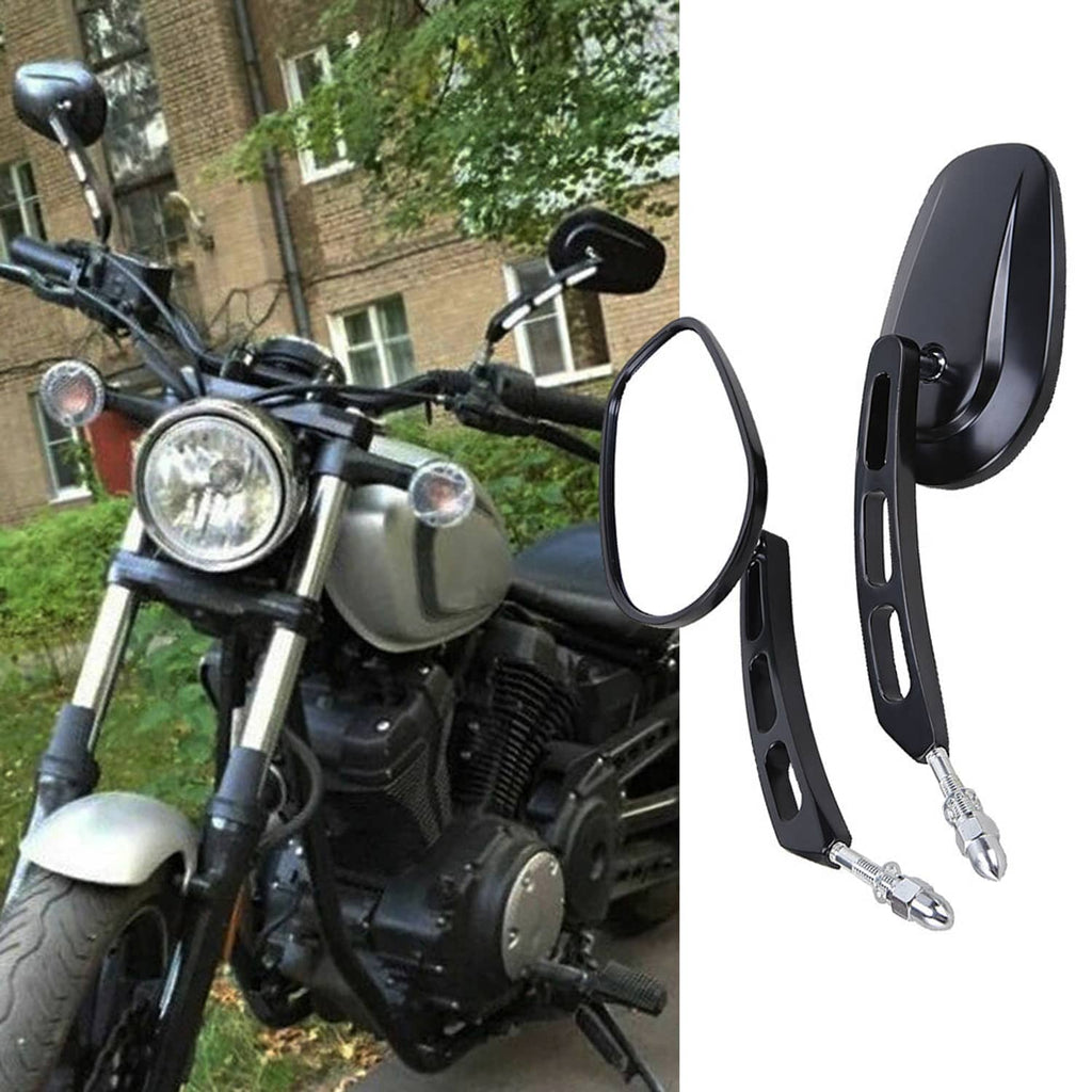 Black rearview mirror with oval lens and chrome stem mounted near handlebar