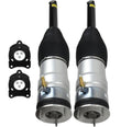 Rear air suspension strut pair with black rubber bellows and silver shock body, plus mounting plates