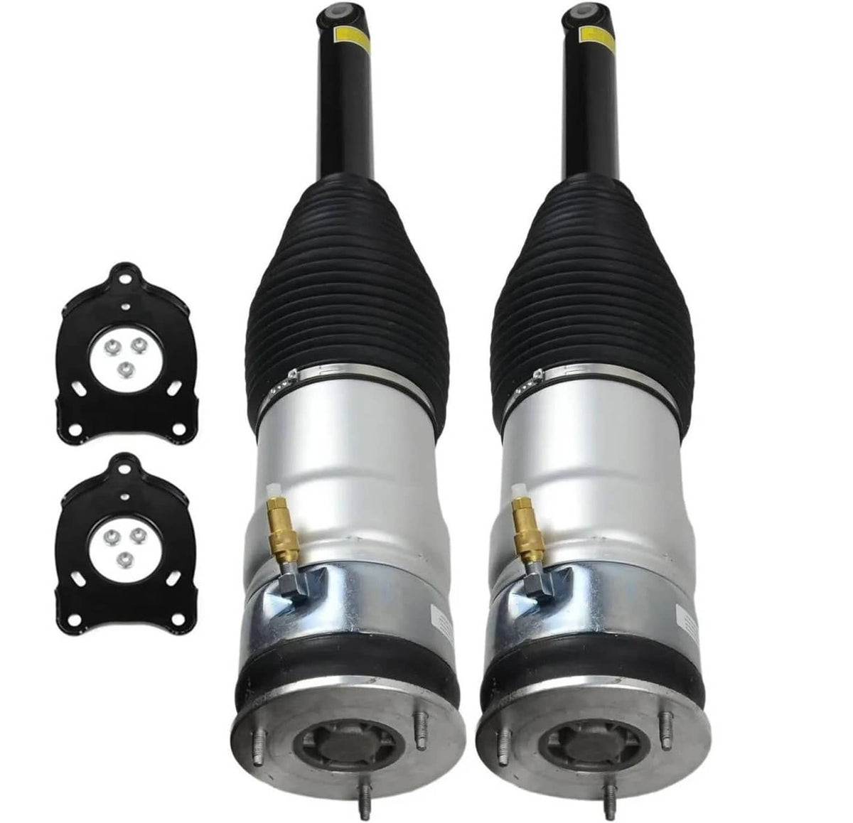 Rear air suspension strut pair with black rubber bellows and silver shock body, plus mounting plates
