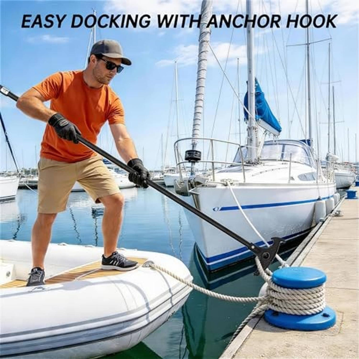 Shallow water anchor pole with hook securing a sailboat dock line