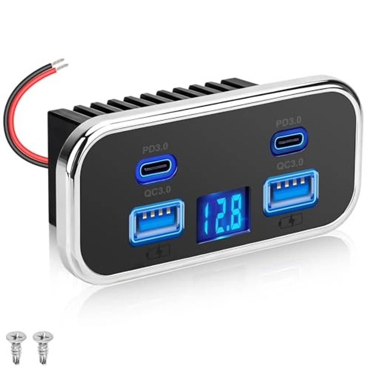 Black 4-port car USB charger panel with four charging ports and blue LED voltage readout