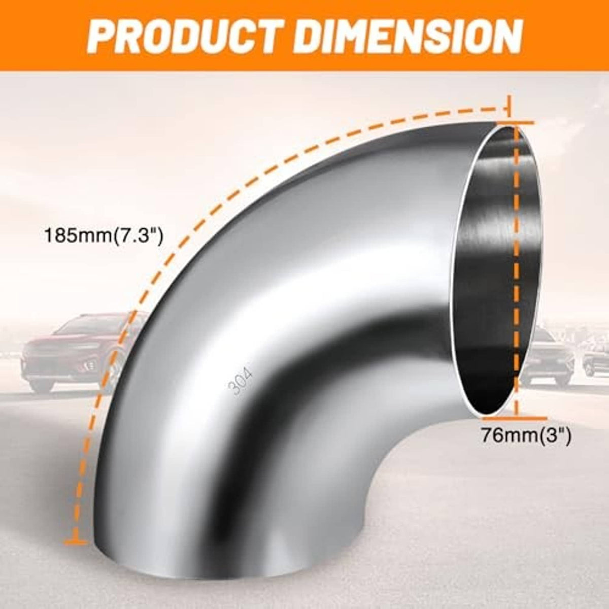 90-degree stainless steel exhaust elbow with open end, shown with product size markings