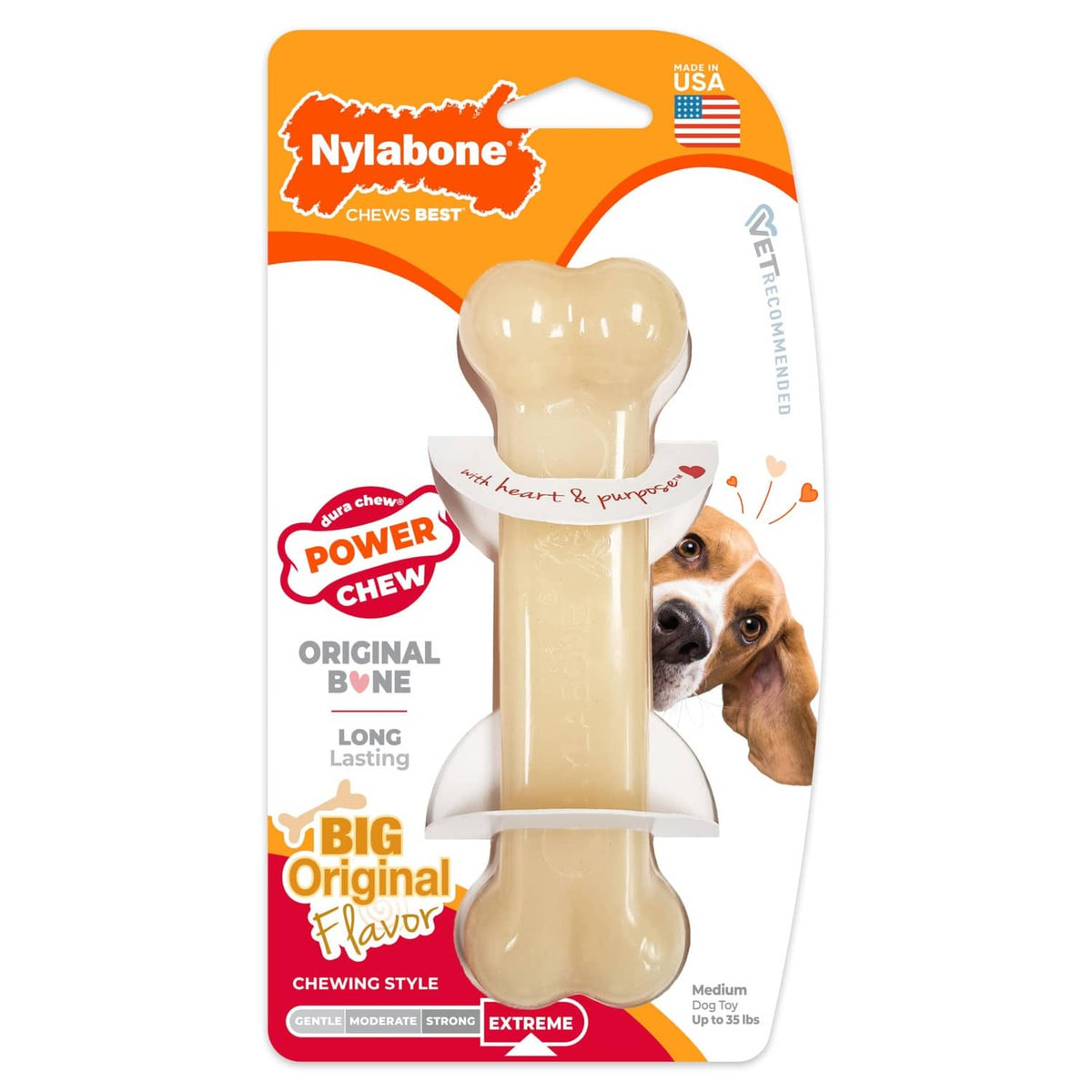 Nylabone Power Chew bone-shaped nylon dog chew toy in retail blister package