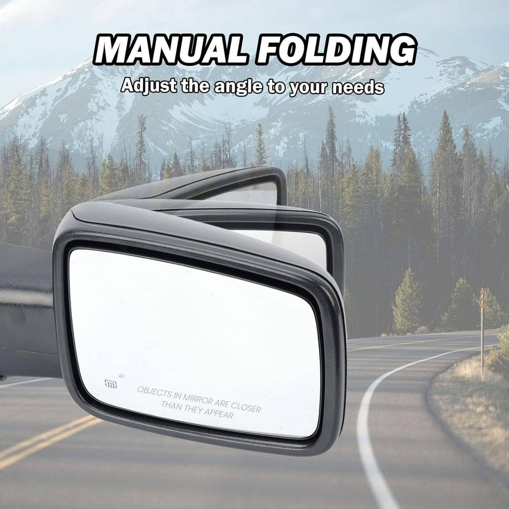 Manual folding black side mirror with clear lens and black bezel frame