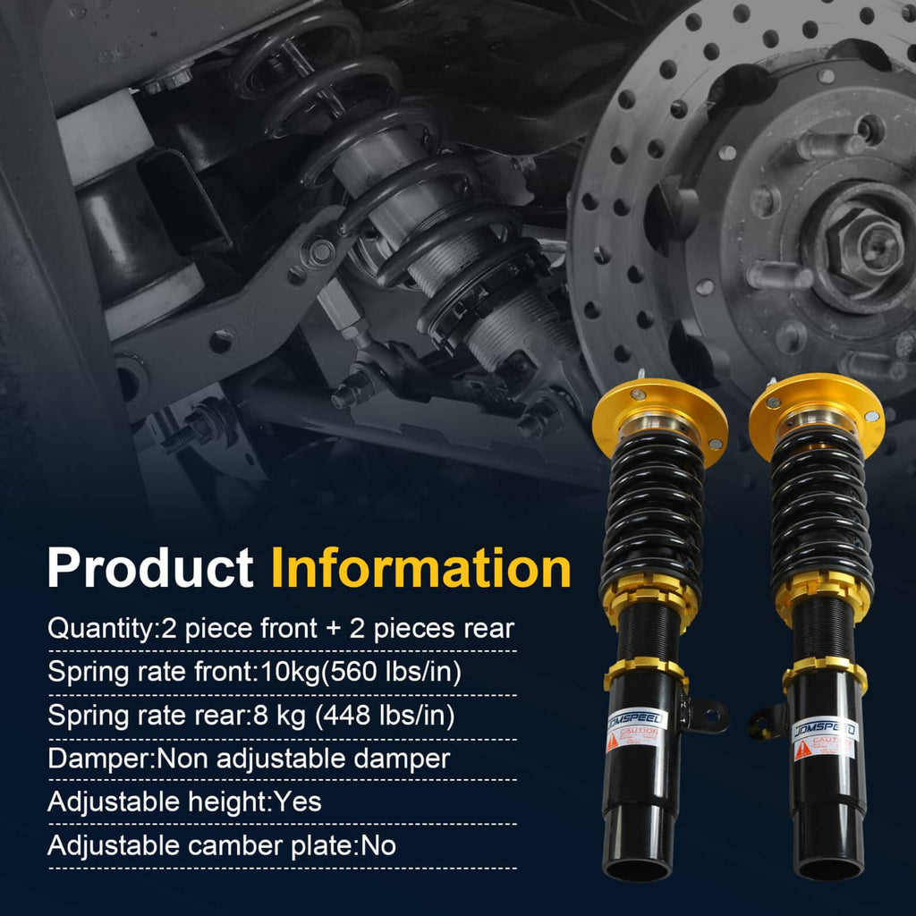 Front coilovers with black springs and gold adjusters beside brake rotor