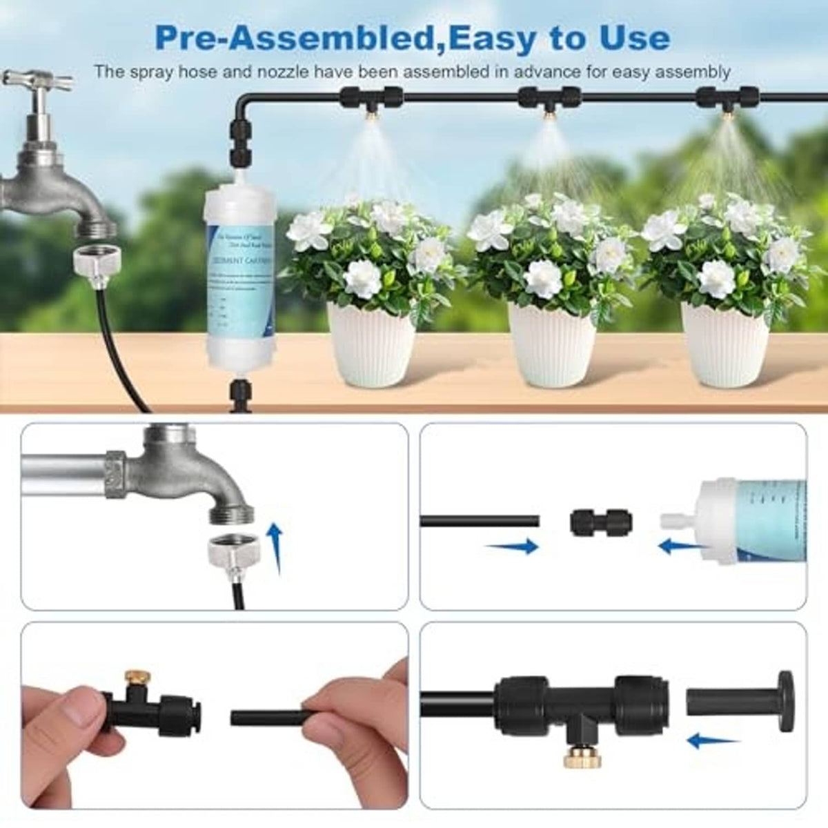 Outdoor misting hose kit components: pre-assembled nozzle, filter, and spray fittings