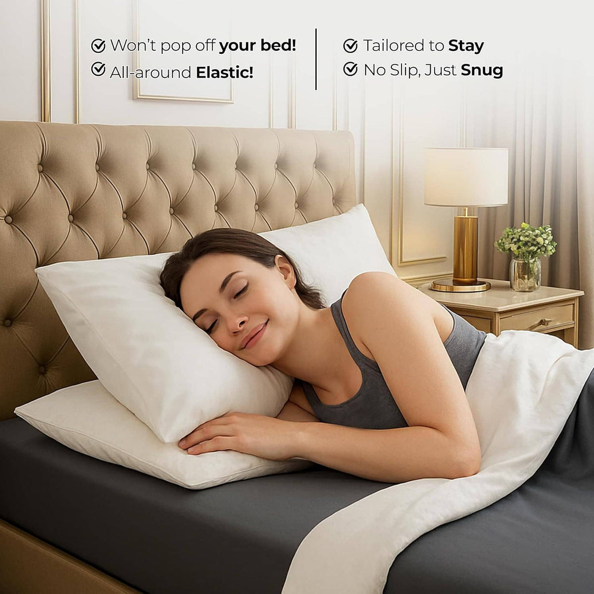 Dark gray queen fitted sheet with elastic edges for a no-slip stay-put fit