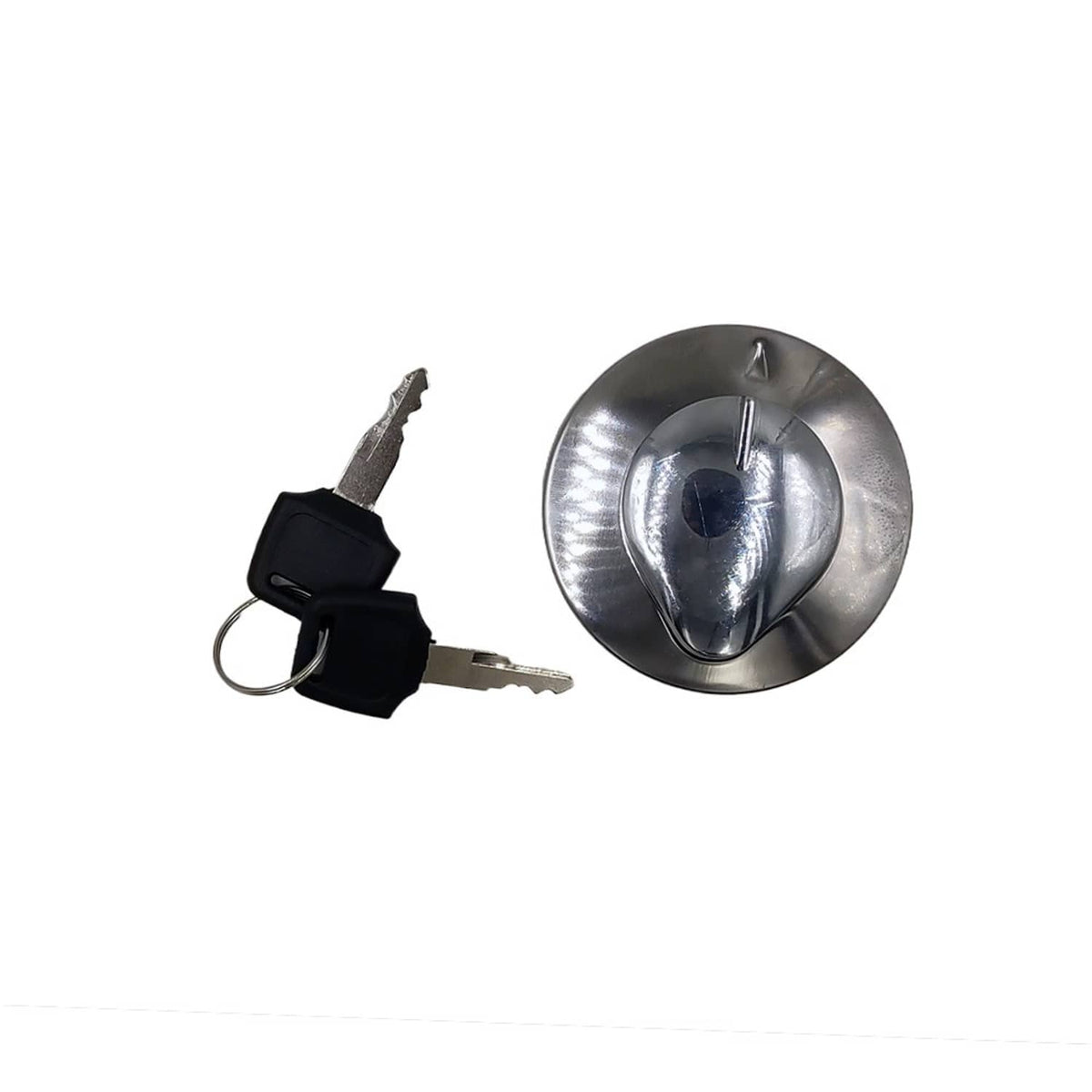 Metal fuel tank cap with key, round chrome face