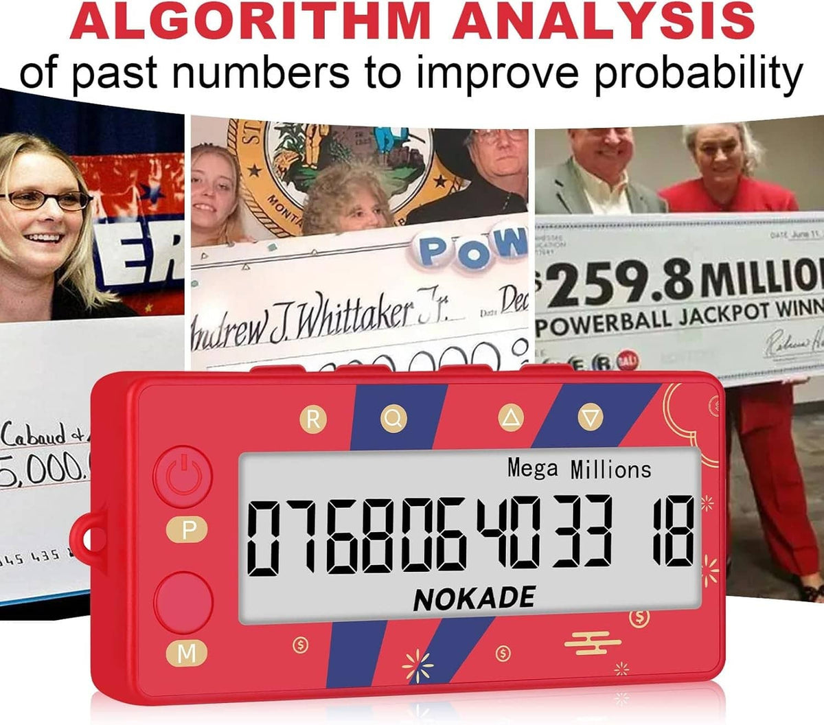 Red lottery number picker machine with Mega Millions LCD display showing numbers