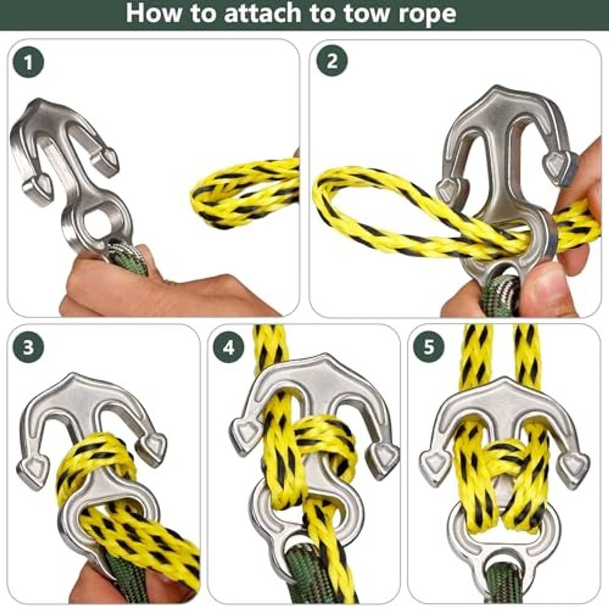 Stainless steel tow hook connector with braided rope being attached by hand